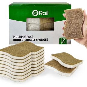 Rail Natural Kitchen Sponges - Effortless Scrub and Plant Based - Pack of 12 Biodegradable Wood Pulp Cleaning Sponges