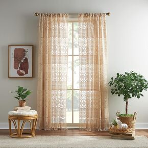 CHF Boho Curtains Sheer Curtains Lace Vintage Tassel Fringe Window Curtain Panel for Bedroom, Living Room, Dorm Room, Rod Pocket, 1 Panel, 60" W x 63"L, Almond