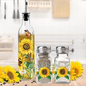 Sunflower Decor Oil & Vinegar Bottle Salt and Pepper Shaker Set, Sunflower Gifts Decorations for Kitchen, Sunflower 17oz Glass Olive Oil Dispenser Bottle and Salt Pepper Shaker Kitchen Decor Set