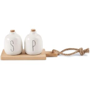 Bistro Basic Ceramic Salt and Pepper Shaker Set with Board, White