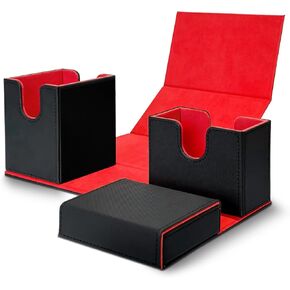 MTG Deck Box Card Storage, Commander Deck Box Fits 130+ Single Sleeved Cards with 3 Dividers and Dice Tray, Leather Magnetic Card Case holder Storage Box for TCG CCG Magic Cards (Black & Red)