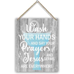 Sink Printed Wood Sign Wall Art - Wash Your Hands and Say Prayers, Indoor Wall Hanging Home Business Toilet Decor Wooden Plaque, Rustic Wood Door Sign Bathroom Restroom New House Christian Gift -04