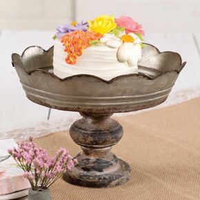 Colonial Tin Works Scalloped Galvanized Metal and Wood Stand-Vintage Farmhouse Chic Home Décor, 9''dia. x 6¾''H, Gray