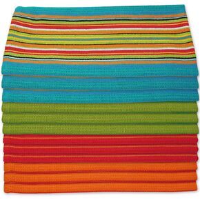 Kitchen Dish Towels Salsa Stripe - 100% Natural Absorbent Cotton Salsa Towels (28 x 16 inches) Festive Red, Orange, Green and Blue, 12-Pack