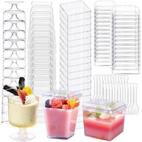 340 Pack Plastic Dessert Cups with Lids and Spoons,5 OZ Mini Clear Parfait Cups Appetizer Cups for Party, Square Dessert Shooter Cups Round Goblet Small Reusable Fruit Ice Cream Pudding Cups Bowls