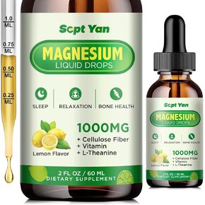 Magnesium Glycinate Liquid Drops, 1000mg Magnesium Glycinate, Citrate & Threonate with Cellulose Fiber, L-Theanine, Vitamin B & C for Sleep, Muscle, Energy & Relaxation, Sugar-Free Lemon-C Flavor