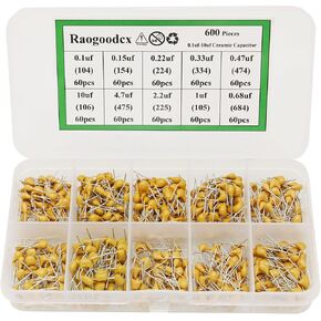 600Pcs 10Value Ceramic Capacitor Assortment Kit 0.1uf-10uf 50V DIP Monolithic Multilayer Chip Capacitors for Hobby Electronics, Audio-Video Project Electronic Repair