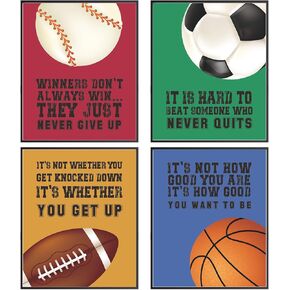 Sports Inspirational Wall Art Posters, Sports Motivational Saying Art Print, Basketball Football Baseball Soccer Posters, Positive Quotes Sports Themed For Boy Bedroom Playroom Classroom Decor