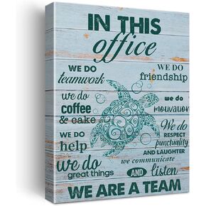 LEXSIVO Inspirational Teamwork Quote Print Canvas Teal Sea Turtle Office Wall Art Home Decor Rustic in This Office We Do Teamwork Painting 12x15 Canvas Poster Framed Ready to Hang