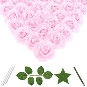 100 Pcs 3 Inch Artificial Flowers Bulk 5 in 1 Set Faux Foam Fake Rose Head Wedding Decoration Bridal Shower Centerpiece Arrangement Wall Table Decor DIY Craft (Coral Red)
