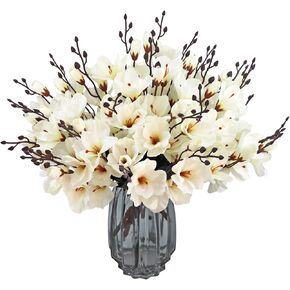 6pc Artificial Magnolia Flower Silk Flowers Branches Faux Flower Bouquet for Home Wedding Decoration,Home Decor Party Garden Office (White)