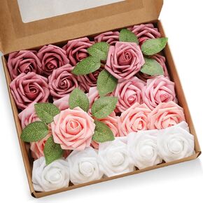 HIALTODAY Artificial Flowers Bulk Decorations, Pink Fake Rose Flowers with Leaves Stems for Wedding Flowers DIY Bride Bouquets Table Centerpieces Arrangements Bridal Shower Home Decor
