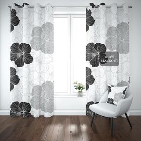 LADAYVOGUE 100% Blackout Curtains 2 Panels Set Black White Grey Floral Black Out Curtain Gray Flower Chic Thermal Insulated Window Treatments Decor for Living Room Bedroom Darkening Curtain 52x84 Inch