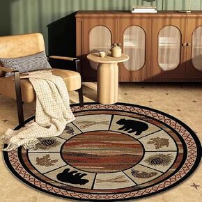 Rustic Lodge Round Area Rug for Entrance Kitchen Pine Tree Print Carpet Bear Cabin Circle Floor Carpets Vintage Throw Rugs 3ft