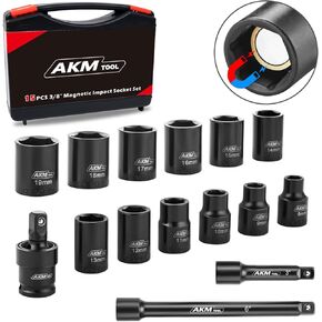 3/8 Inch Drive Magnetic Impact Socket Set, 15-Piece Metric, 8mm-19mm, 6 Point, Cr-Mo, Square Drive, Magnetic Socket with Universal Joint & Extension
