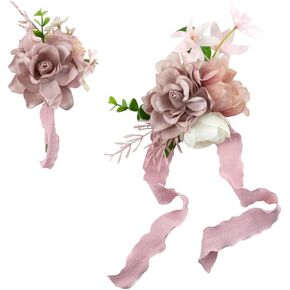 Burgundy Wrist Corsage and Boutonniere Set for Wedding Prom Homecoming Artificial Rose Flowers Men Groom Groomsmen Boutonniere and Women Gril Bridesmaids Wristlet Bracelet Suit Decor