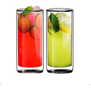 كوب زجاجي معزول بجدار مزدوج من Sun's Tea، أكواب زجاجية عالية الكرة سعة 16 أونصة (450 مل) للبيرة والليمون والشاي المثلج والمشروبات الاستوائية والكوكتيل والعصائر والموهيتو والمشروبات المختلطة، مجموعة من قطعتين - طراز كولينز