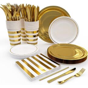 Gold Paper Party Plates Cups and Napkins Party Supplies Sets for 25 Guests - Golden Plastic Forks Knives – Birthday Wedding 175 Pcs Pack