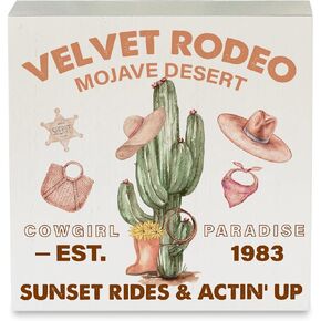 Western Cactus Wood Box Sign Rustic Velvet Rodeo Mojave Desert Cowgirl Cactus Wooden Box Sign Decorative Country Sign Block Plaque for Home Desk Table Shelf Decor 5"x 5"