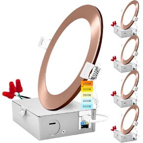 LUXRITE 6 Inch Ultra Thin LED Recessed Light with J-Box, 12W, 5 Color Options 2700K | 3000K | 3500K | 4000K | 5000K, Dimmable Wafer Light, 1000 Lumens, Brass Trim, Energy Star, IC Rated