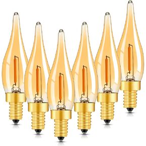E12 Candelabra LED Night Lights,0.7W Amber Low Watt Candle Decorative Light Bulbs Equal to 7Watt Incandescent,50Lumen 2200K Ultra Warm White Chandelier for Decor Lighting,CRI>90+,Glass,6Pcs