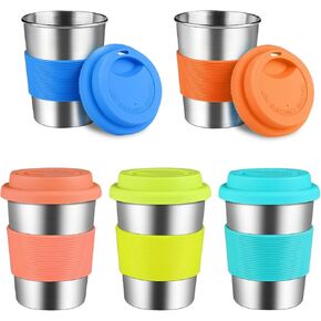 KEREDA Kids Stainless Steel Cups With Silicone Lids & Sleeves, 5 Pack 8 oz. Drinking Tumblers for Children and Toddlers, Adults