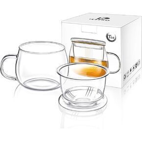 Glass Tea Infuser Cup with Filter and Lids, Borosilicate Glass Tea Mugs with Strainer for Blooming Tea & Loose Leaf Tea, Steeping Tea Cup Gift Kit, Lead-free, Microwave Safe, 14oz in Kuwait