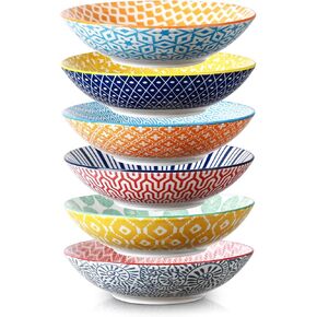 Selamica Porcelain 40oz Large Bowls 9 inch Big Pasta Salad Bowls, Microwave and Oven Safe, Vintage Blue, Set of 6