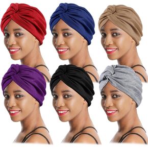 6 Pieces Turbans for Women, Soft Pre Tied Knot Turban Head Wraps Chemo Headwear Pleated Beanie Cap Sleep Hat Hair Loss Hat Chemo Cancer Cap for Women