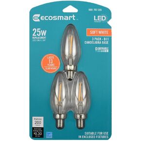 EcoSmart 25-Watt Equivalent B11 E12 Base Dimmable Clear Filament Vintage Style LED Light Bulb, Soft White (3-Pack)