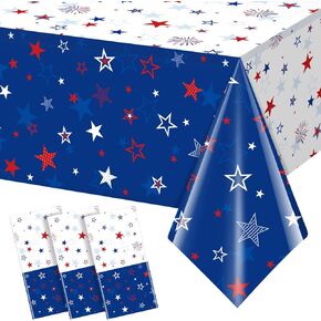 3 Pack Patriotic Tablecloth Decorations for 4th of July Independence Day, Plastic Memorial Day Table Cover Printed with Stars and Fireworks for Patriotic Themed Party Supplies, 54 x 108 Inch