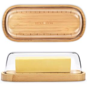 Butter Dish with Lid, Bamboo Butter Holder, Butter Container Holds for East/West Coast Butter, Dishwasher Safe