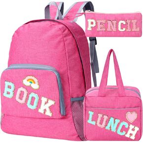مجموعة حقيبة ظهر مدرسية مكونة من 3 قطع للفتيات المراهقات هدية العودة إلى المدرسة، حقيبة كتب بحروف من الشانيل الوردي مع حقيبة غداء وحقيبة أقلام رصاص ورقعات قوس قزح على شكل قلب in Kuwait