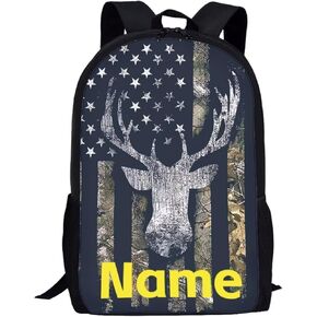 Cool Deer and America Flag Print Kids Backpack Schoolbag Soft Cushion Shoulder Straps Rucksack Daypack Durable Zipper Closure Bookbag for Boys Middle School