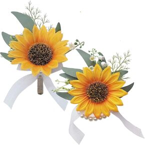Artificial Sunflower Boutonniere,Bride Groom Bridesmaid Wedding Flower Corsage Set,Formal Party and Vintage Wedding.(1 Sunflower Boutonniere & 1 Sunflower Wrist Corsage)