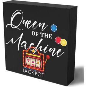 Funny Casino Jackpot Slots Wooden Box Sign Plaque Queen of the Machine Wood Box Sign Rustic Art Home Shelf Desk Decor 5 X 5 Inches