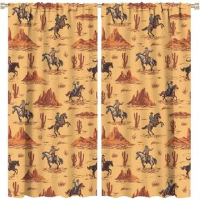 Western Cowboy Curtains Wild West Cowboy Ride Horse Desert Cactus Farmhouse Vintage Art Print for Boys Men Bedroom Living Room Decor Rod Pocket Blackout Window Drape 42x45in