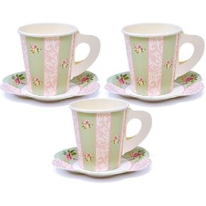 Gift Boutique 24 Disposable Tea Party Cup and Plates, Paper Teacups & Saucer with Handle for Birthday Princess Floral Tea Party Baby Shower Decoration
