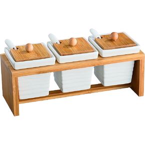 Stephanie Imports Set of 3 Ceramic Condiment Jars With Spoons & Bamboo Lids (White)