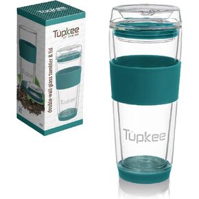Tupkee Double Wall Glass Tumbler - 14-Ounce, All Glass Reusable Insulated Tea/Coffee Mug & Lid, Hand Blown Glass Travel Mug - Black