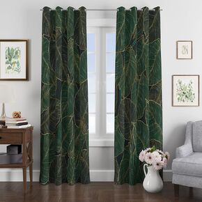 chiinvent Green Leaves Curtains, Tropical Palm Leaf Curtains Luxury Gold and Natural Curtain for Living Room, Bedroom 2 Panels Set, 52x84 Inches
