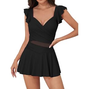 Upopby Women's Ruffle One Piece Swimdress Swimsuits for Women Tummy Control Swim Dress Slimming Mesh Skirted Bathing Suits