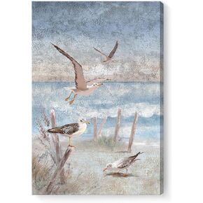 Beach Wall Art Bathroom Decor Ocean Theme Canvas Print Coastal Painting Perching Bird by The Sea Shore Abstract Seascape Picture Framed Artwork for Bedroom Living Room Office Ready to Hang 12x16inch