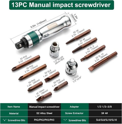 WEIKEISA1/2'' Hand Impact Driver ，13pcs Screw Extractor Set, Hammer Impact Screwdriver, For Removing Damaged, Frozen, Rusted Screws and Fasteners, with Storage Case in Kuwait