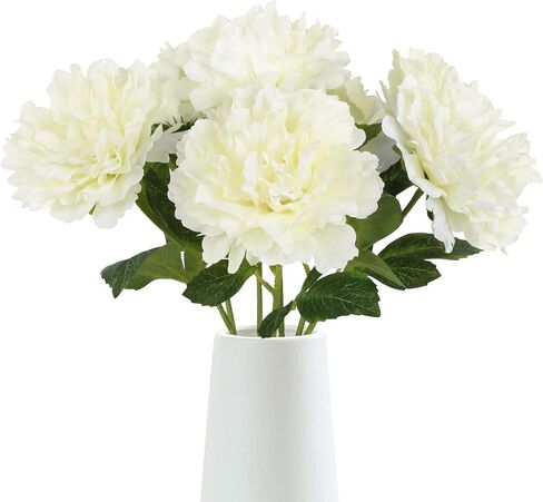 6PCS White Peonies Artificial Flowers 5.5" Big Fake Silk Peonies Faux Peonies Flower Bouquets with 19" Long Stem for Vase Wedding Table Centerpiece Home Decoration Floral Arrangement (White) in Saudi Arabia
