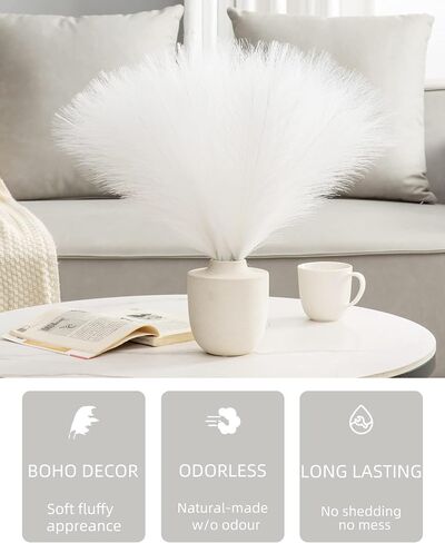 Faux Pampas Grass Decor Tall Fluffy, 8pcs 18" Fake Plants Artificial Flowers Boho Room Décor, Vase Fillers Floral Bouquet for Bridal Shower Wedding Home Christmas Tree Decorations (White) in Saudi Arabia
