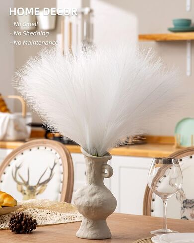 Faux Pampas Grass Decor Tall Fluffy, 8pcs 18" Fake Plants Artificial Flowers Boho Room Décor, Vase Fillers Floral Bouquet for Bridal Shower Wedding Home Christmas Tree Decorations (White) in Saudi Arabia