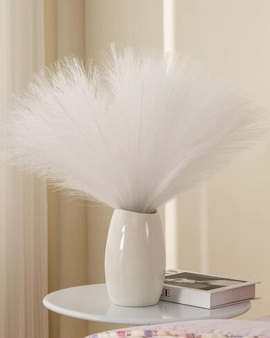 Faux Pampas Grass Decor Tall Fluffy, 8pcs 18" Fake Plants Artificial Flowers Boho Room Décor, Vase Fillers Floral Bouquet for Bridal Shower Wedding Home Christmas Tree Decorations (White) in Saudi Arabia