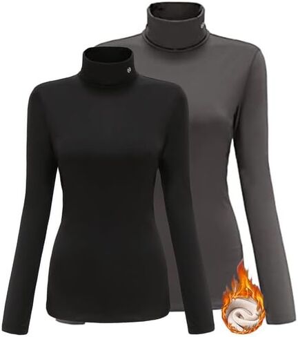 SSLR 2 Pack Thermal Shirts for Women Long Sleeve Shirts Turtleneck Fleece Base Layer Winter Slim Mock Neck in Kuwait
