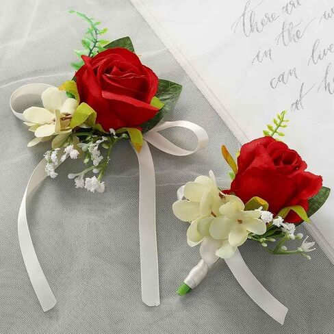 Latious Bride Wedding Corsage and Boutonniere Set Rose Wrist Corsages and Men Boutonnieres Set Prom Flowers Accessories Suit Decorations for Bride and Groom (1-White) in Saudi Arabia